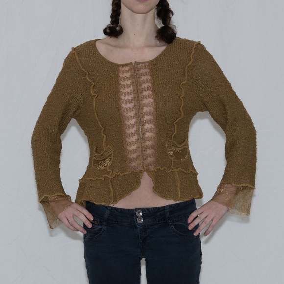 Saga Outerwear Sweaters - Y2k brown lace trim cardigan with metal clasps size large saga acrylic nylon